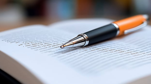 A black and orange pen rests on an open book with text in the background. photo
