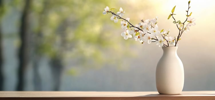 White blossoms in a white vase on a wooden table against a blurred green background. photo