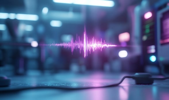 A glowing pink and purple sound wave graphic, appearing in a blurry, neonlit hospital setting. photo