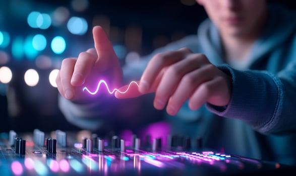DJ manipulating sound waves with glowing lines over mixer photo