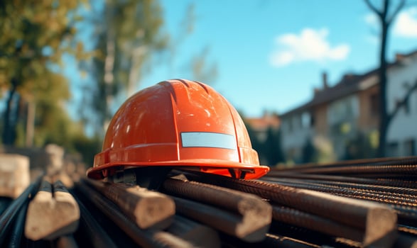 An orange hard hat rests on a pile of rebar at a construction site photo