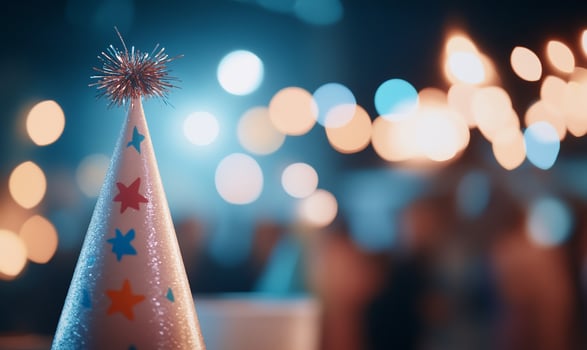 A festive party hat with stars and a sparkly pom pom sits in front of a blurred background of people dancing and colorful lights. photo