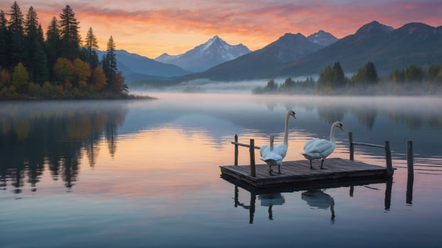 Serene sunrise over a tranquil lake with swans on a wooden dock surrounded by mountains and mist photo