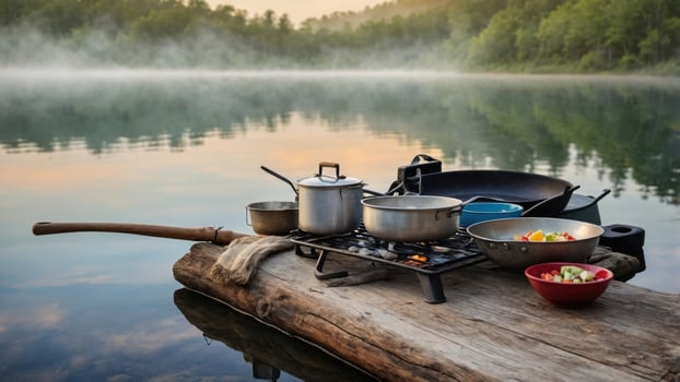 Outdoor cooking scene by a serene lake at dawn, featuring pots and fresh vegetables on a log photo