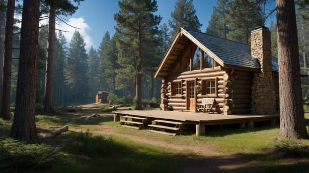 Cozy log cabin nestled in a serene forest, surrounded by tall trees and soft sunlight filtering through photo