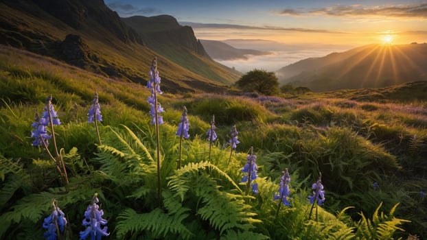 Serene sunrise over a lush valley filled with bluebells and ferns, capturing nature's beauty photo