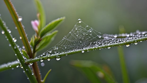 Delicate spider web adorned with dew drops, resting on a green leaf in a tranquil morning setting photo