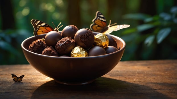 A beautifully arranged bowl of assorted chocolates with butterflies perched on the edges in a lush forest photo