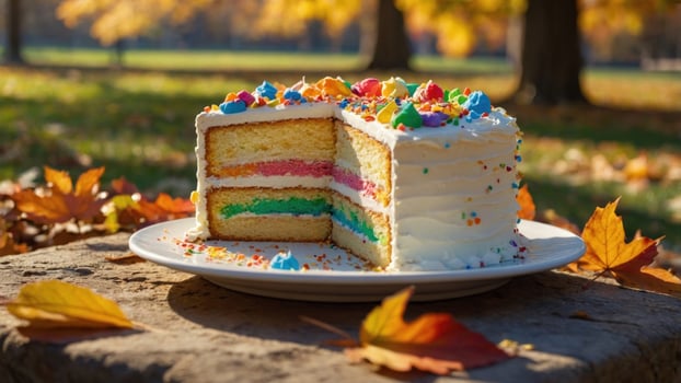 Colorful layered cake with vibrant frosting and decorations, set in a sunny autumn park with fallen leaves photo