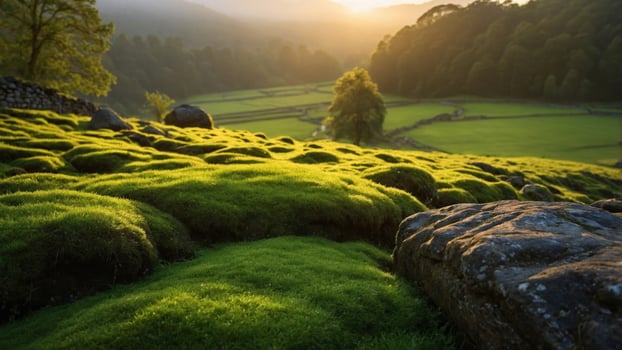 Serene sunrise over lush green meadows with rocky formations, showcasing nature's tranquility photo