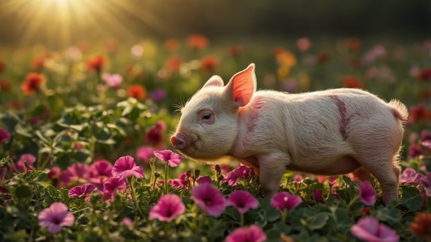 Piglet wandering through a vibrant flower field at sunset, surrounded by colorful blooms photo