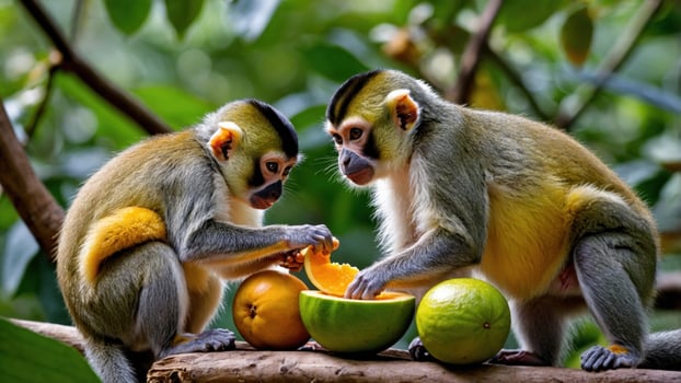 Two monkeys sharing fruits in a lush green jungle, showcasing playful interaction and nature's bounty photo