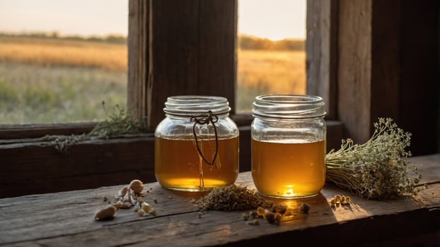 Jars of herbal tea placed on a rustic wooden windowsill with golden fields glowing in the sunset photo