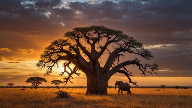Majestic elephant grazing near a large baobab tree at sunset in an expansive savannah landscape photo