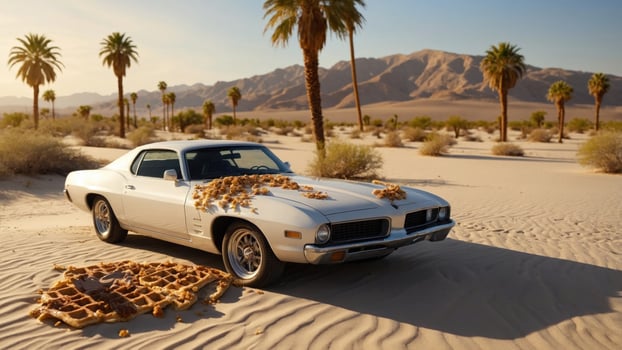 Classic car in a desert landscape adorned with waffles, surrounded by palm trees and mountains photo
