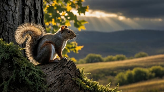 Squirrel perched on a tree stump with sunlight streaming through clouds in a serene landscape photo