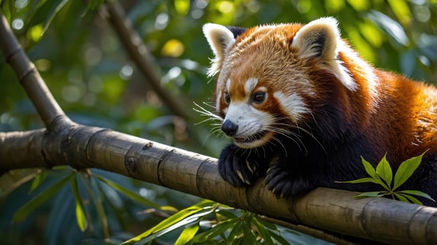 A red panda resting on a bamboo branch surrounded by lush green foliage in a serene environment photo