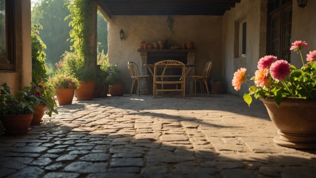 Serene outdoor patio with rustic furniture, vibrant flowers, and warm sunlight creating a peaceful atmosphere photo
