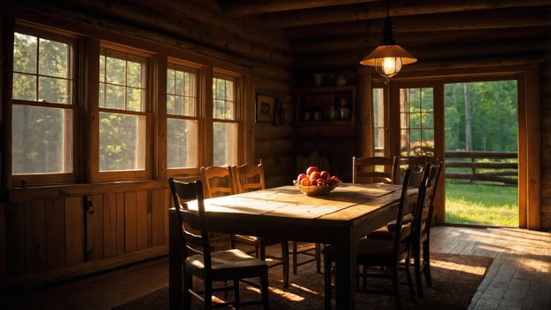 Cozy rustic cabin interior with a wooden dining table, fruit bowl, and sunlight streaming through windows photo