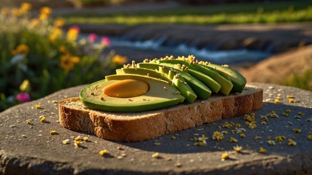 Freshly sliced avocado on whole grain toast garnished with seeds, set in a vibrant garden background photo