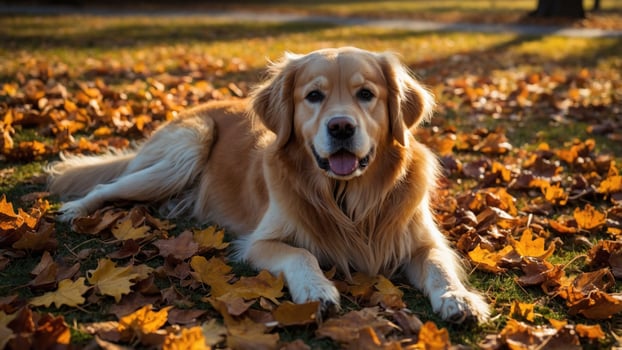 Golden retriever relaxing on a bed of autumn leaves in a sunny park, showcasing nature's beauty photo