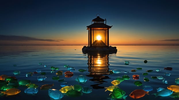 Serene sunset over calm waters with a lantern illuminating the horizon and colorful floating decorations photo