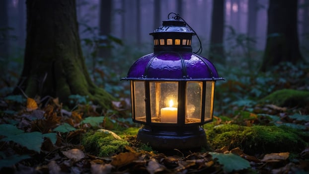 A vintage lantern glowing softly in a misty forest, surrounded by autumn leaves and lush greenery photo