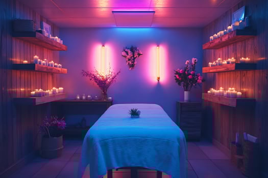 A minimalist spa treatment room with a massage table, candles, and flowers. photo