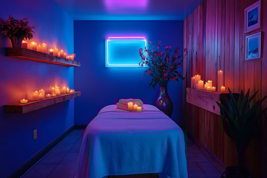 A tranquil spa room with a massage table, candles, and flowers. photo