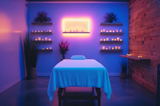 A massage table in a dimly lit room with purple and blue lighting, with a neon sign on the wall, candles, and plants. photo