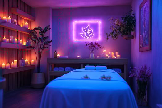 Relaxing spa room with a massage table, candles, and plants. photo
