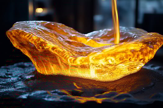 Molten metal pouring into a mold, glowing hot with sparks flying. photo