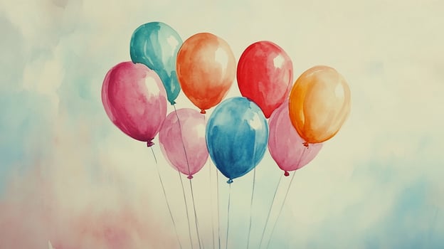 Watercolor illustration of colorful balloons floating in the sky. photo