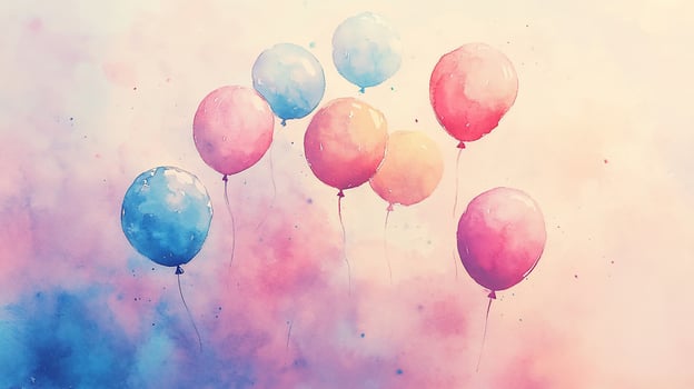 Watercolor painting of colorful balloons floating in a sky of pastel hues. photo