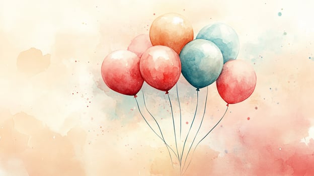 Watercolor painting of colorful balloons on a light background. photo