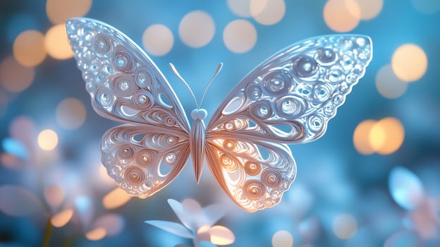 White paper butterfly on a blue background with bokeh lights. photo