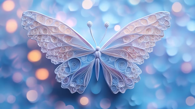 Delicate white paper butterfly with intricate design against a blue and gold bokeh background. photo