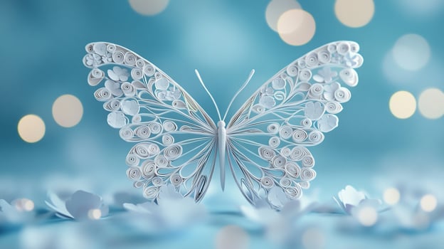 Delicate white paper butterfly with intricate details, surrounded by white petals on a blue background with bokeh lights. photo