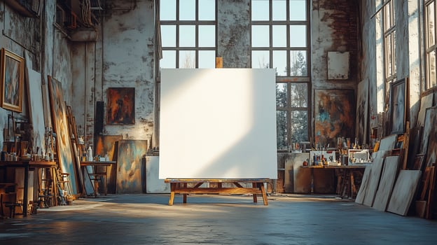 A blank canvas on an easel stands in the center of an artists studio, surrounded by unfinished paintings and art supplies. photo