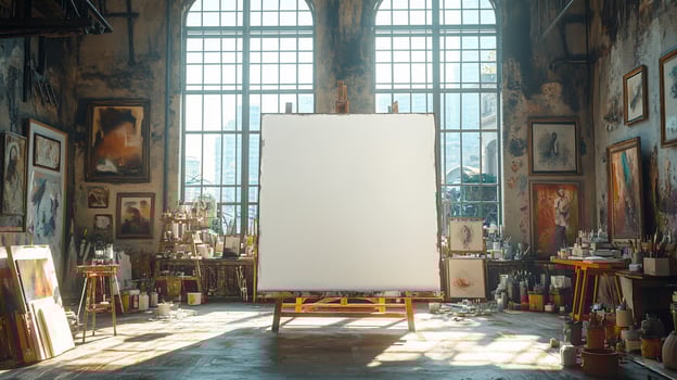 Empty canvas on easel in an art studio with paintings on the wall. photo
