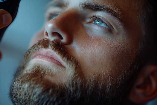 Closeup portrait of a young man looking up, beard, skin, face, hair, eyes, blue eyes, reflection. photo