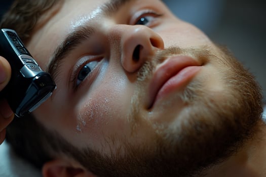 Closeup of a man receiving a shave with an electric razor. photo