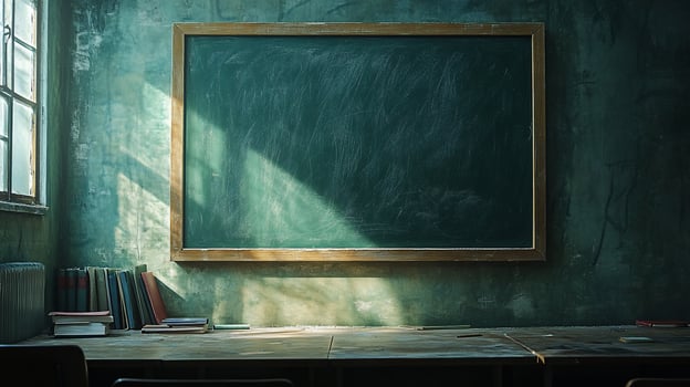 A vintage classroom with a blank chalkboard, wooden desk, and sunbeams streaming through the window. photo