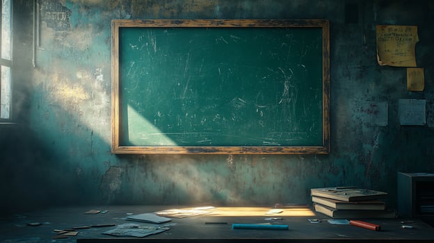 A vintage classroom with a blank chalkboard, an old desk with books and a window with natural light coming in. photo