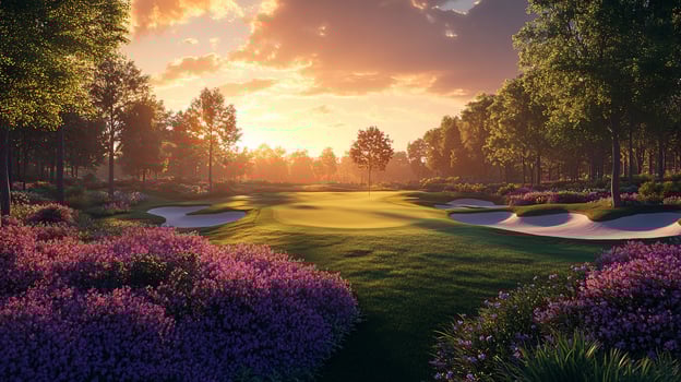 Sunset over a green golf course with purple flowers photo