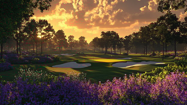 A scenic view of a golf course with lush green grass, sand bunkers, and a beautiful sunset sky with clouds photo
