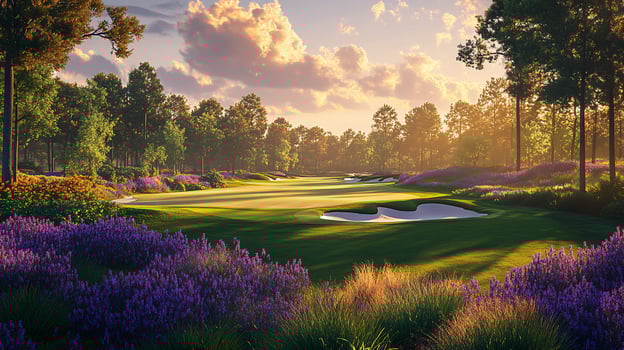 A scenic golf course with lush green grass, white sand bunkers, and purple flowers in the foreground The sun is setting in the background, casting a warm glow over the landscape photo