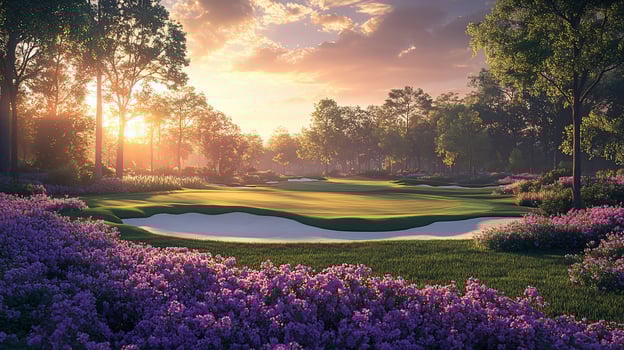 A golf course at sunset with purple flowers in the foreground and green grass photo
