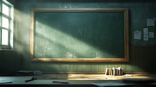 Empty classroom with a blackboard and a desk with papers and pencils in front of it. photo