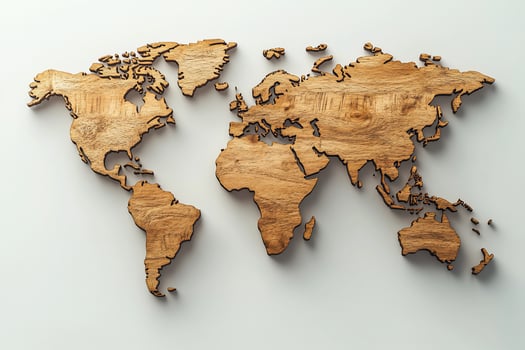 Wooden world map cutout on white background. photo